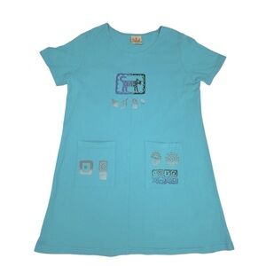 VTG BLUE CACTUS Turquoise Short Sleeve Artsy Boho Cotton Dress Women's Size XL